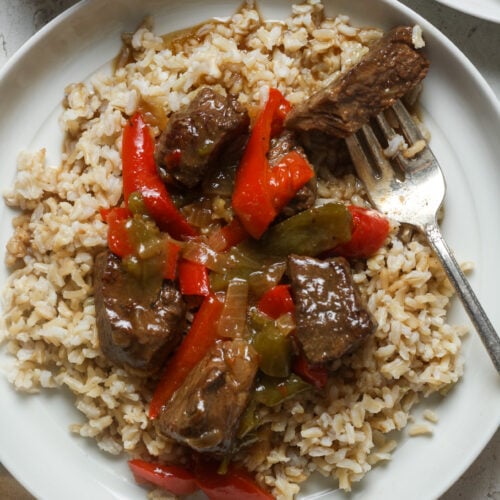 Beef tips and rice.