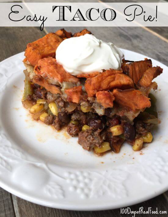 A portion of homemade Easy Taco Pie on a white plate. 