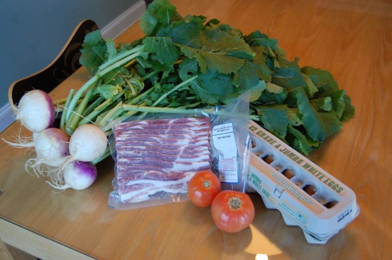 Groceries from a local Farmers Market that includes bacon, eggs, tomatoes, and radishes.