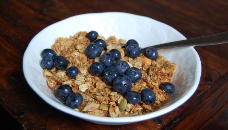 Bowl of homemade granola cereal topped with fresh blueberries. 
