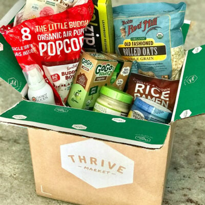 Thrive Market review with box delivered to doorstep with organic products.