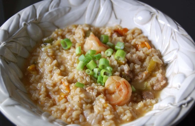 Homemade jambalaya with shrimp in a bowl. 