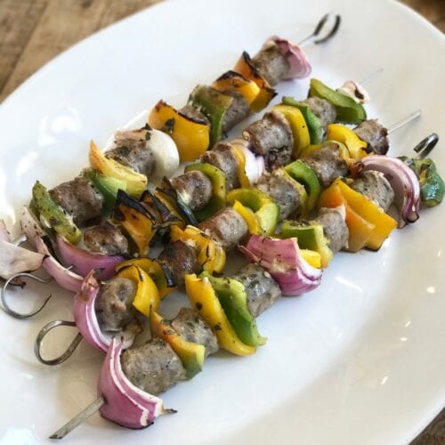 Grilled sausage kabobs will bell peppers and onions