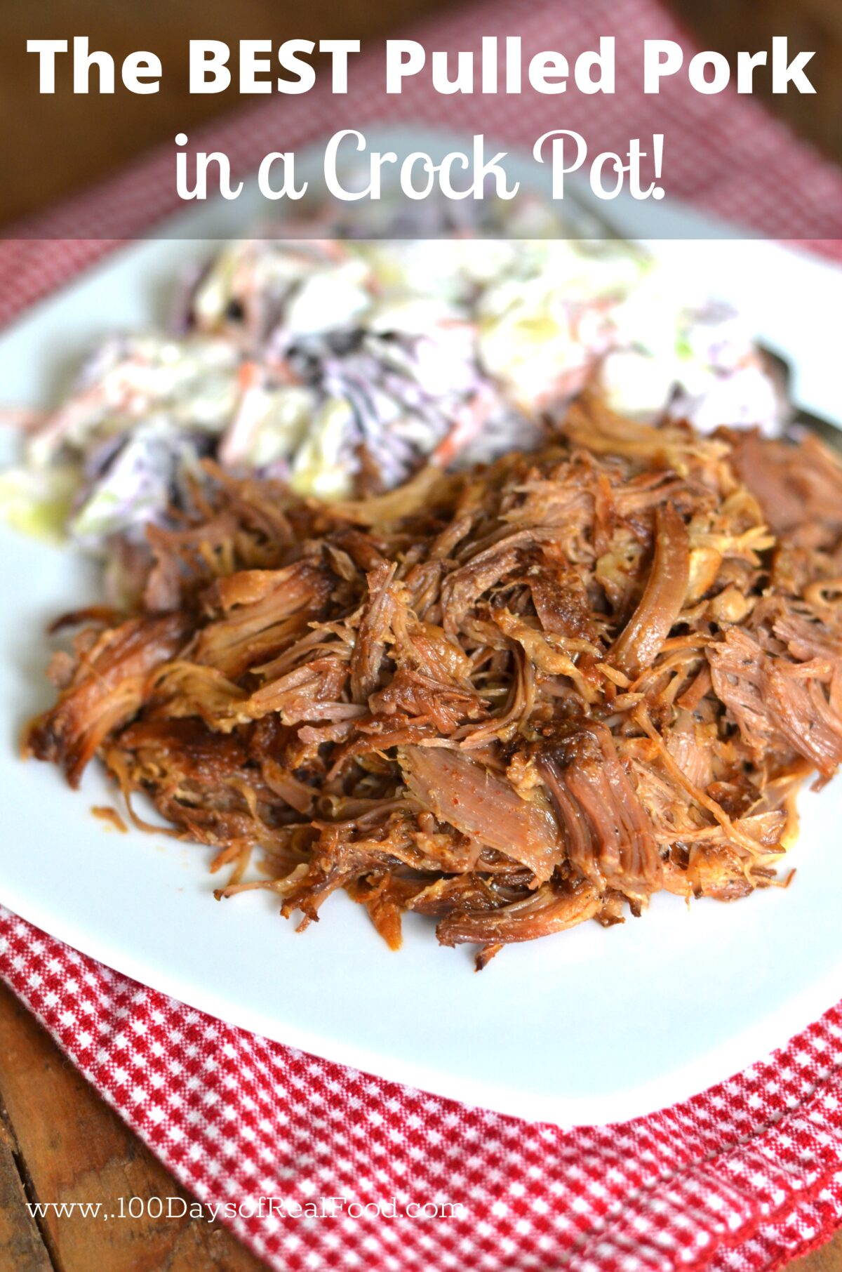 Homemade pulled pork on a plate with a side of coleslaw sitting on red and white napkin.